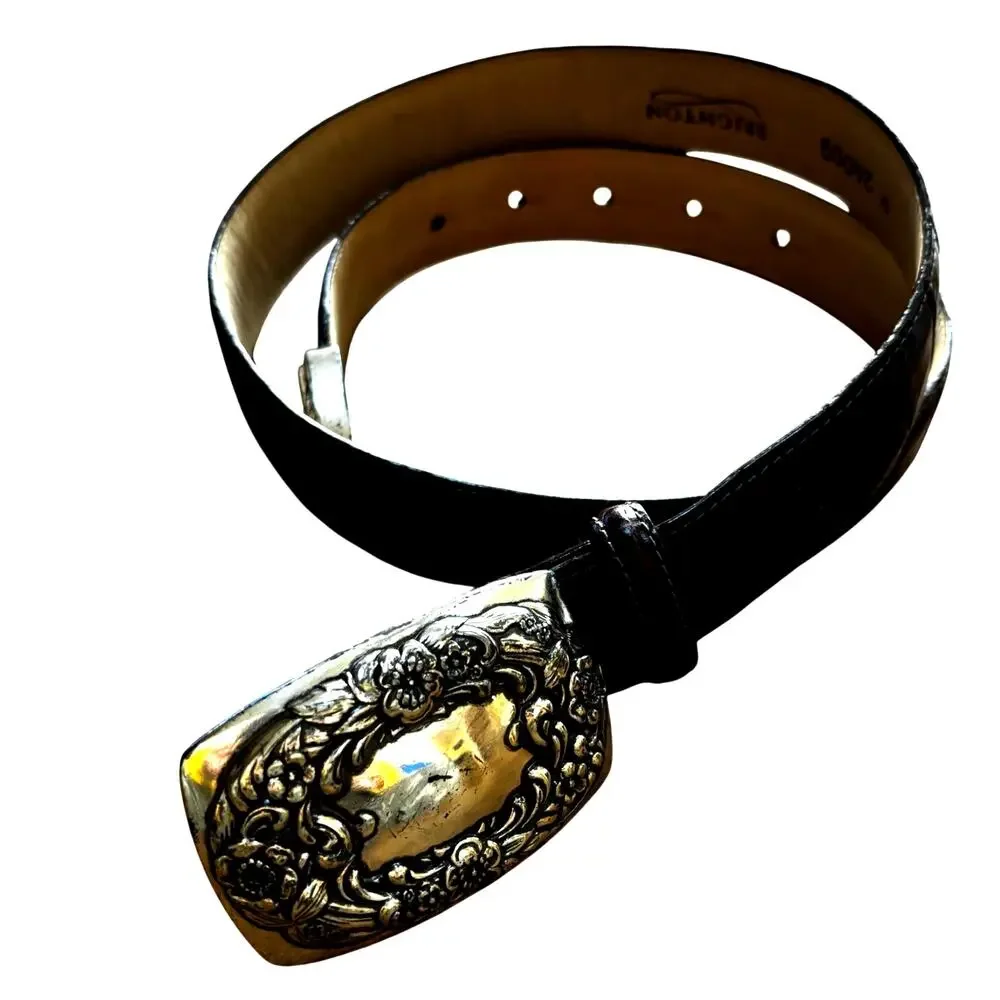 Vintage Brighton brown leather belt with large silver metal floral buckle M